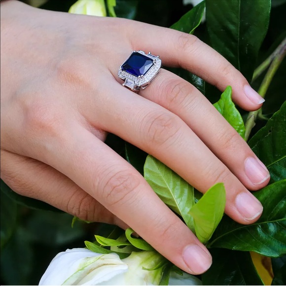 🌍 Blue Sapphire Princess Cut/White sapphires .925 - Picture 4 of 6